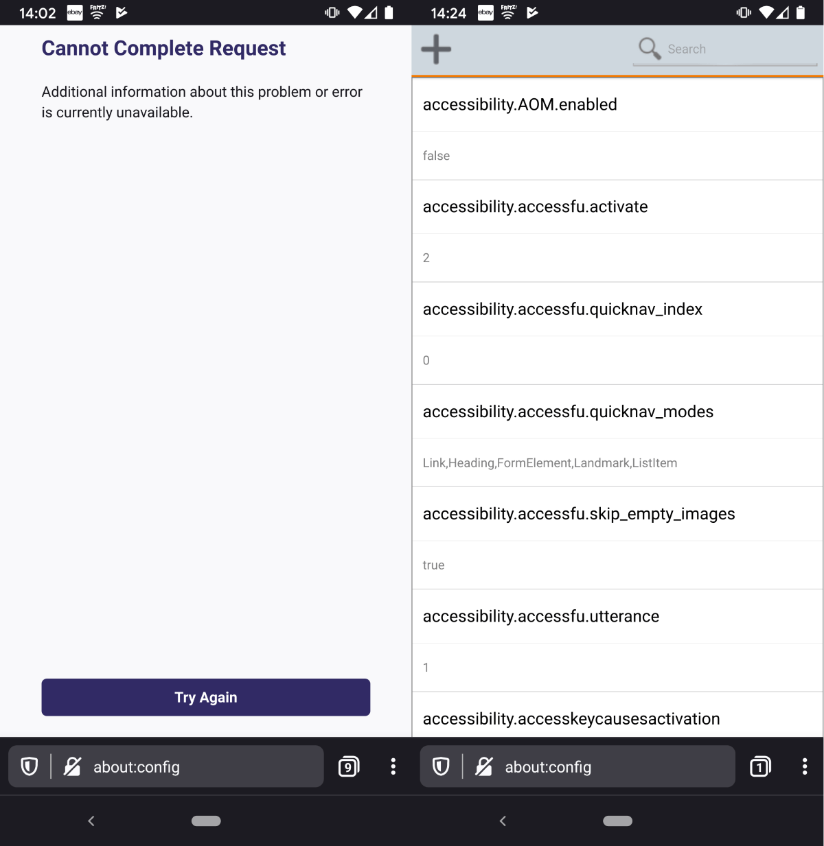 firefox about config cannot complete request
