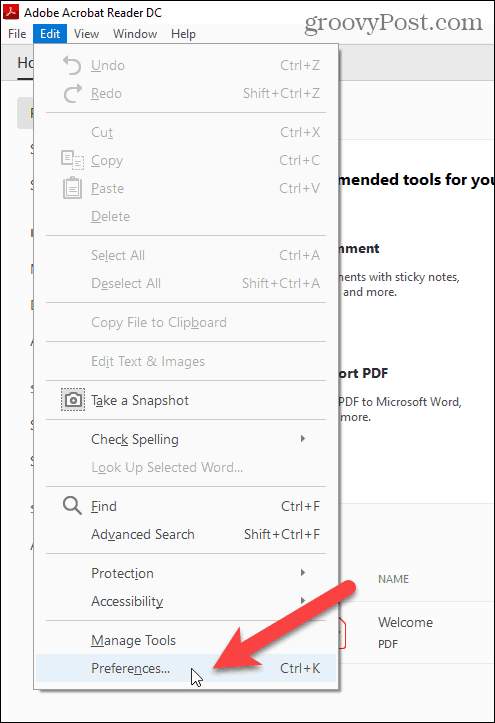Select Preferences in the Edit menu in Adobe Acrobat Reader