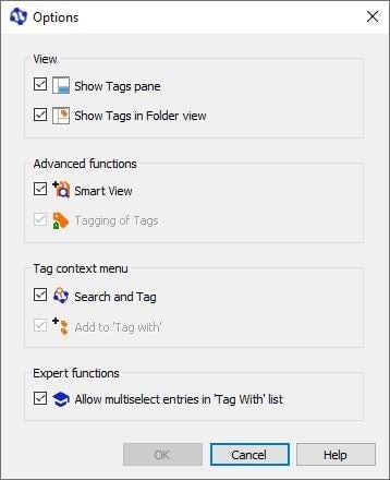 Tags context menu options