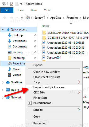 Windows 10 UnPin Recent Items From Quick Access