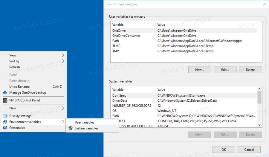 Windows 10 Environment Variables Context Menu