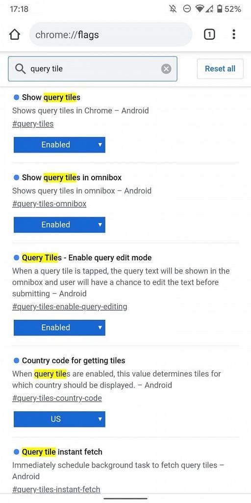 Google Chrome Query Tiles flags