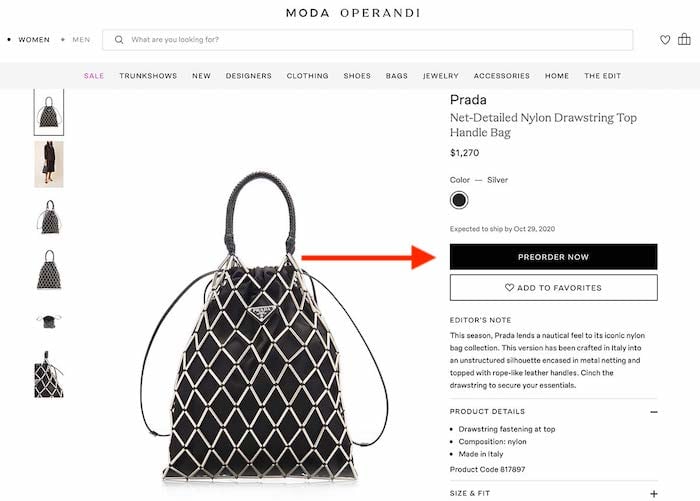Black Prada purse product page with $1,200 price tag.