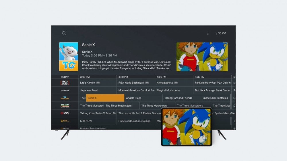 A TV with live channels on Plex, showing Sonic X as a choice.