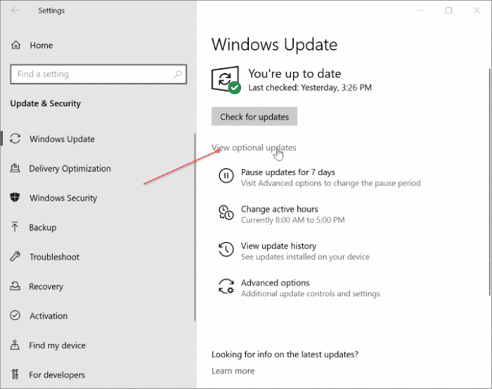 View optional updates link missing in Windows 10