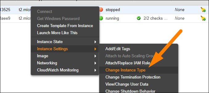 Select Instance Settings > Change Instance Type