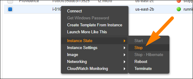Stop instance from EC2 Management Console 