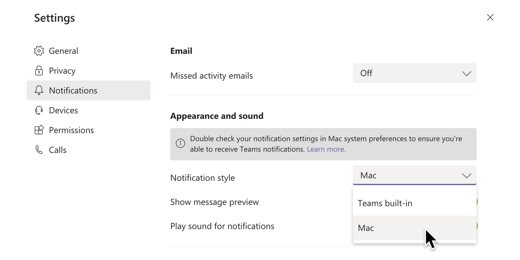 Microsoft Teams Preview now offers the option of native OS or custom notifications