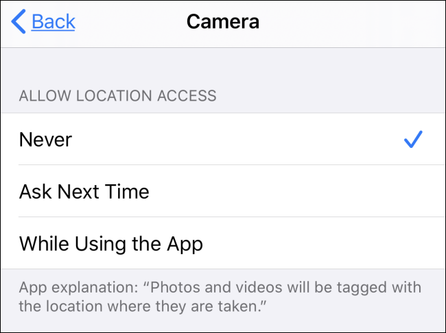 The "Allow Location Access" section in the Camera app.