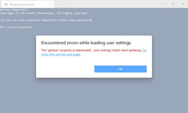 Windows Terminal – Encountered errors while loading user settings