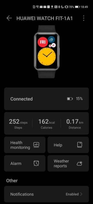 Huawei Health app Huawei Watch Fit settings