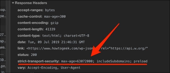 Check if the strict-transport-security header is included in your site's response headers