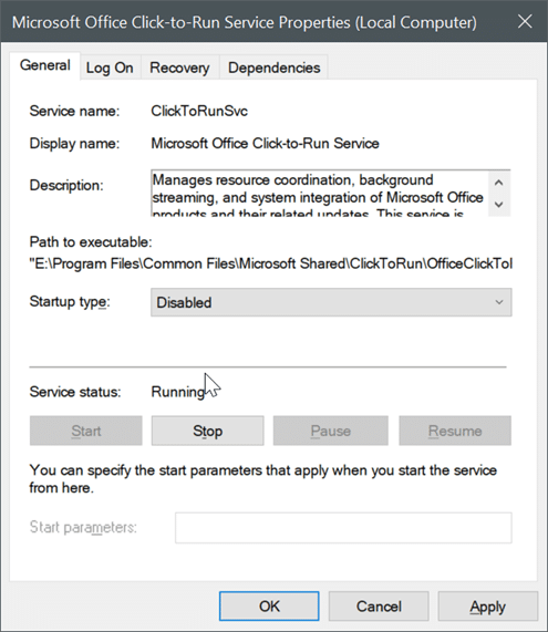 disable Microsoft Office click to Run service in Windows 10 pic2