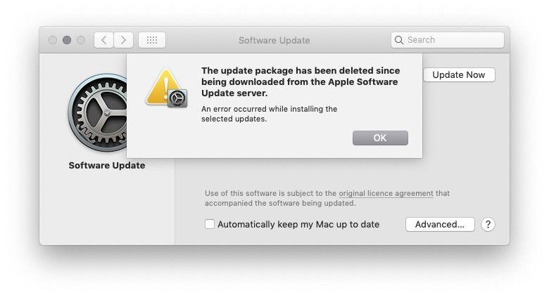 updates package has been deleted since being downloaded from the apple software update server