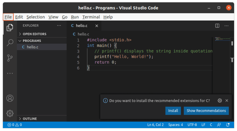 C Program Visual Studio Code Linux