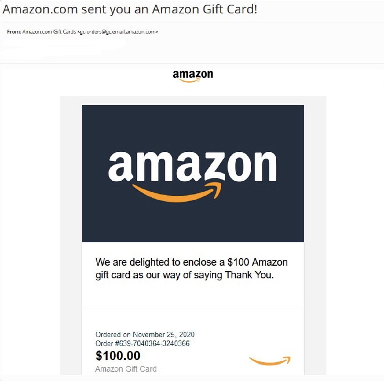 Amazon gift card phishing email