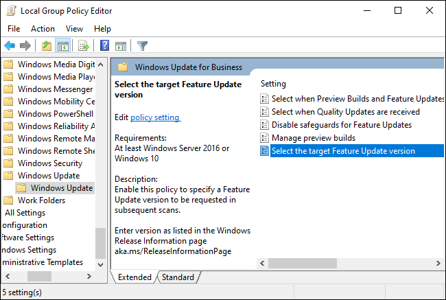 Windows Update for Business options in Group Policy.