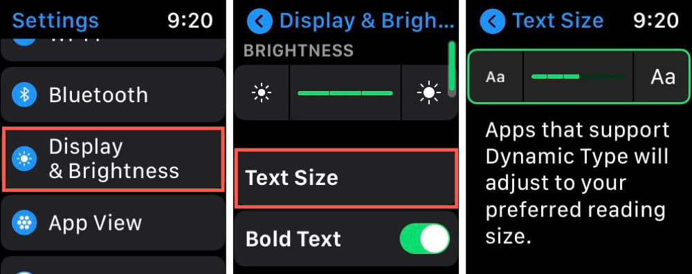 Watch Settings Display and Brightness Text Size