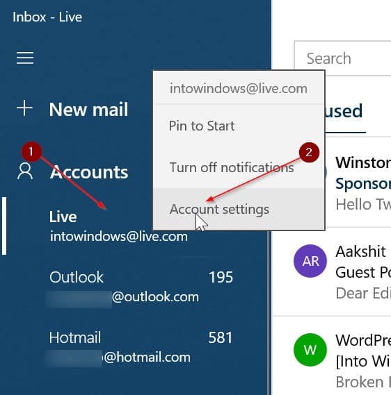 rearrange email accounts in Windows 10 Mail app pic1