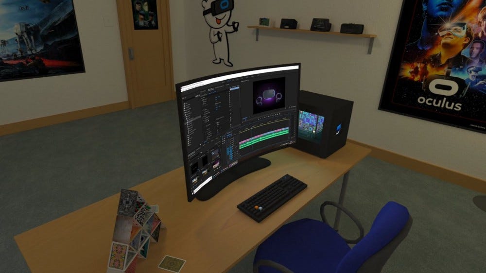 A VR office with a simulated computer desktop on the VR desk