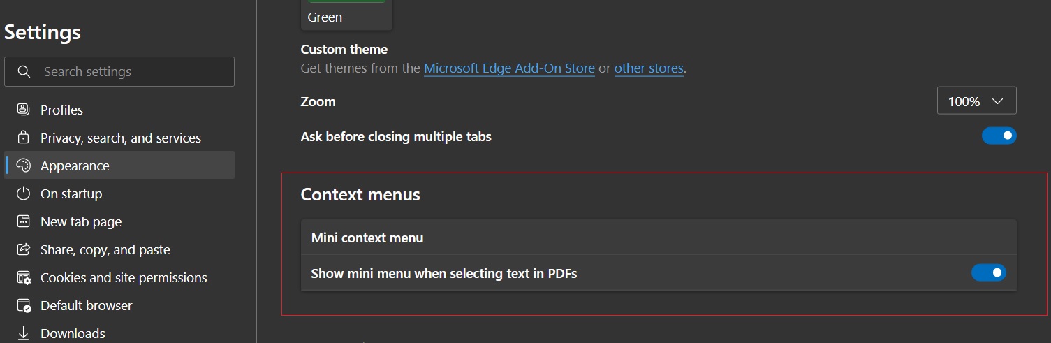 Microsoft Edge mini context menu