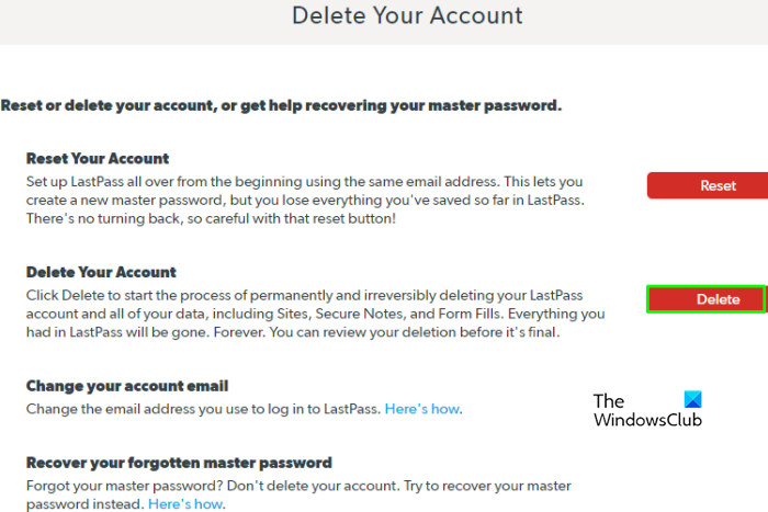 How to Delete LastPass account delete page