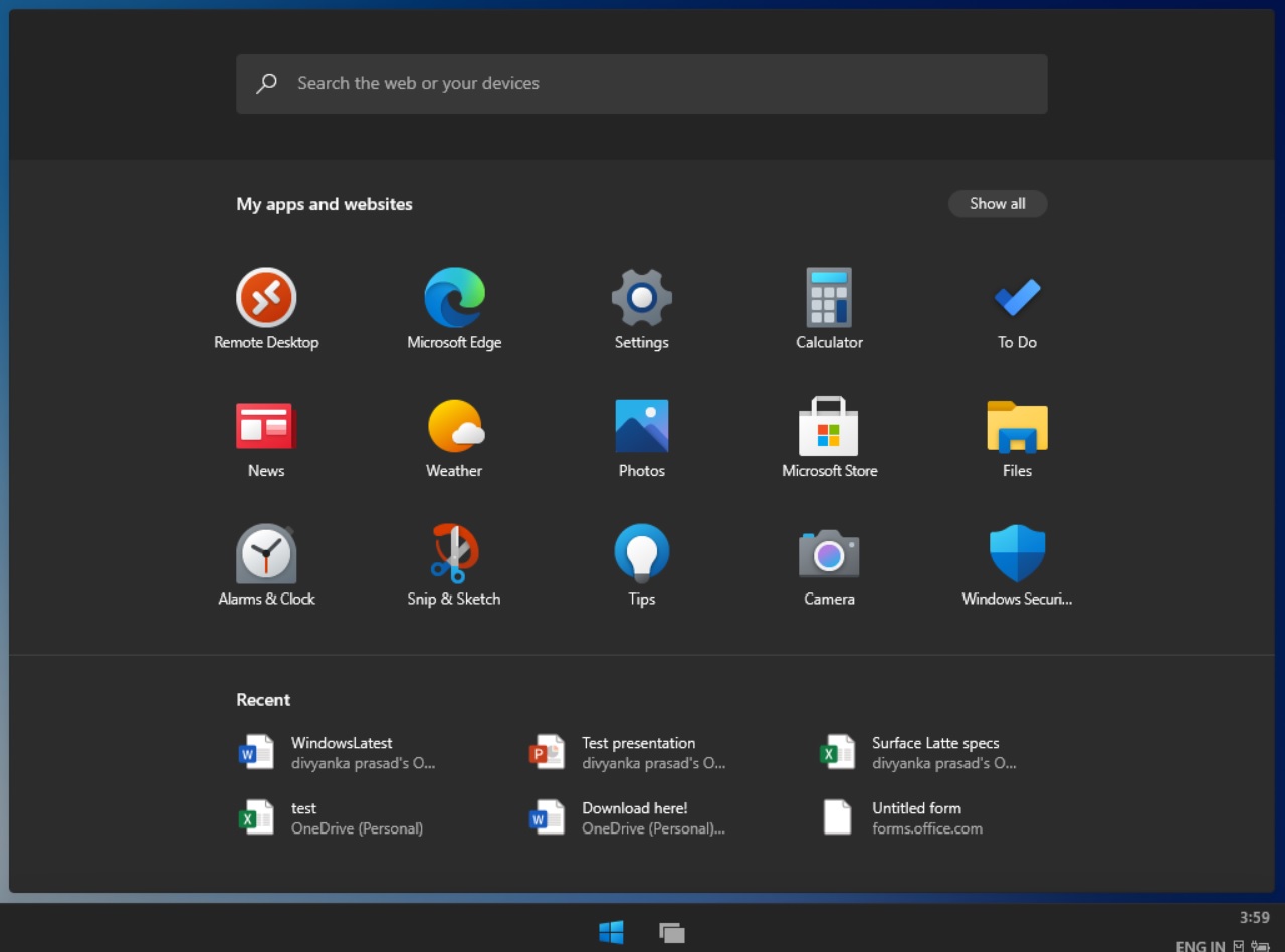 Windows 10X Start Screen
