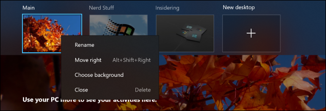 Virtual desktops with custom backgrounds on Windows 10.