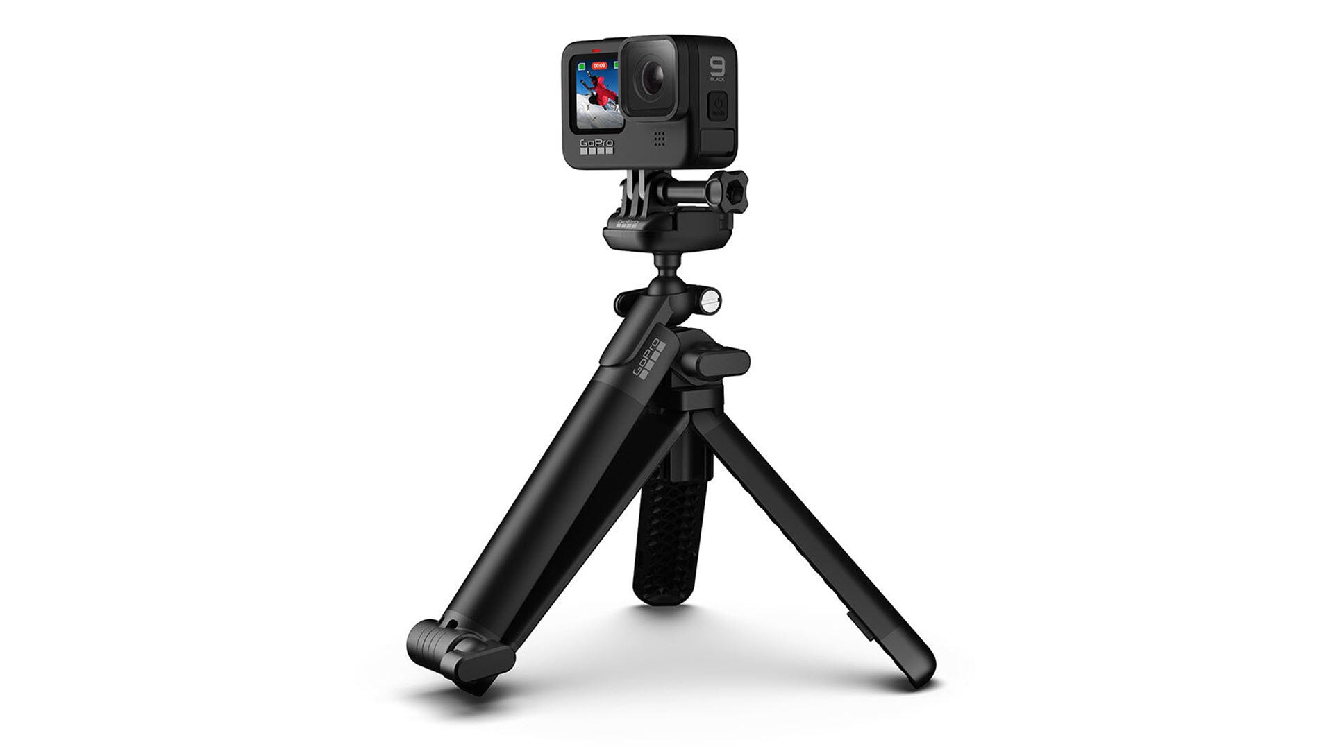 A GoPro on a 3-Way mount in compact tripod mode