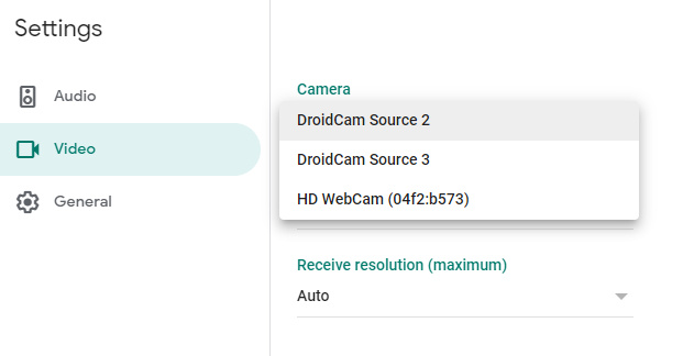 Selecting DroidCam video feed in Google Meet settings