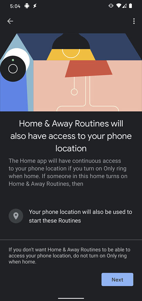 Home & Away routine phone location access notification in Google Home app