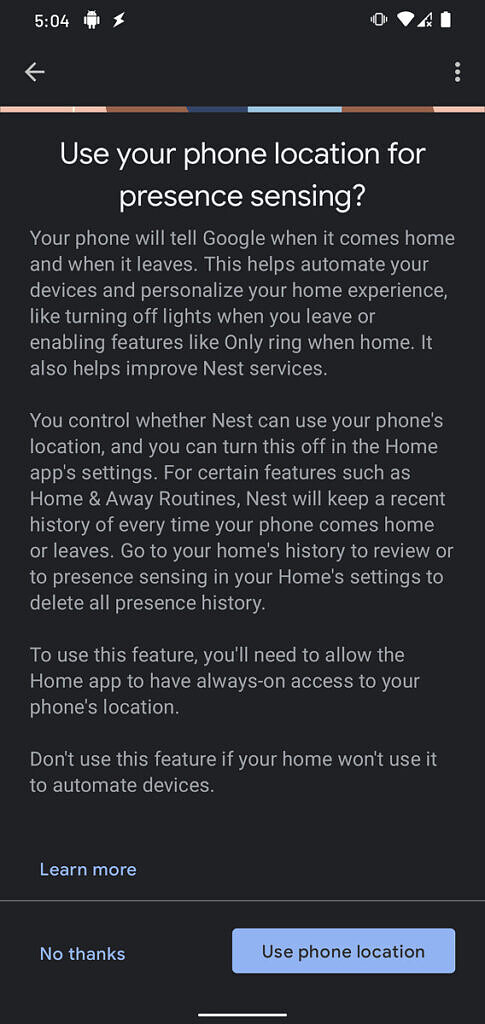 Phone location access for presence sensing notification