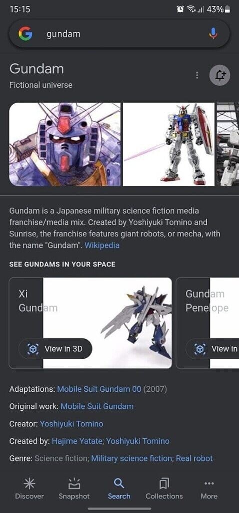 Gundam search results on Google Search with new View in 3D button