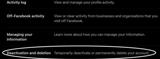 facebook settings with deactivation and deletion option highlighted