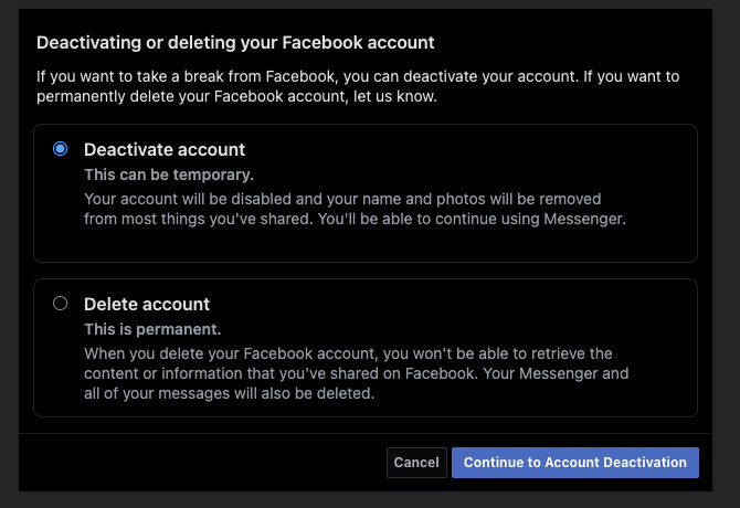 Option screen to choose between deactivating or deleting your facebook account