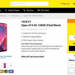 Oppo A74 5G store listing features a 90Hz LCD display, and a quad camera setup and $340 price tag