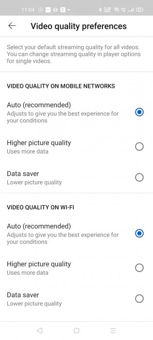 You can set video quality defaults separately for mobile networks and Wi-Fi