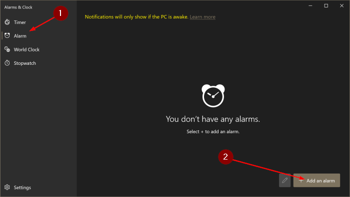 how to use alarms in Windows 10 pic2