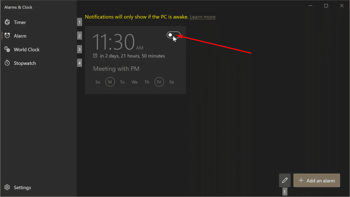 how to use alarms in Windows 10 pic5