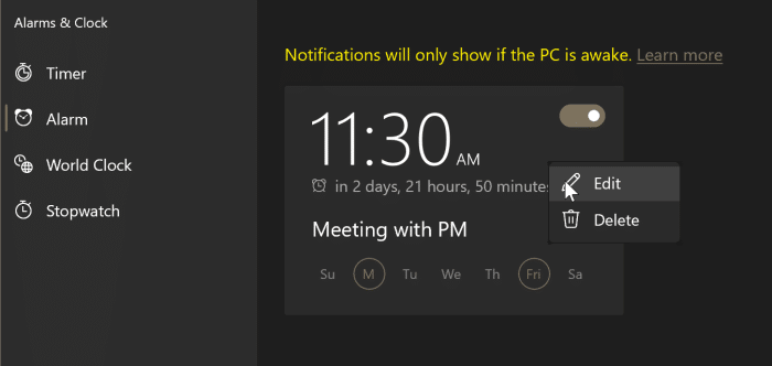 how to use alarms in Windows 10 pic6