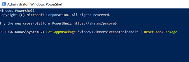PowerShell window with the command to reset the Settings app