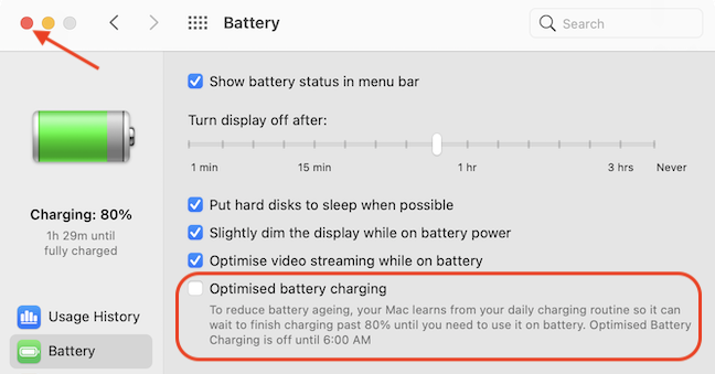 After disabling Optimized Battery Charging feature, click the red Close button to exit System Preferences. 