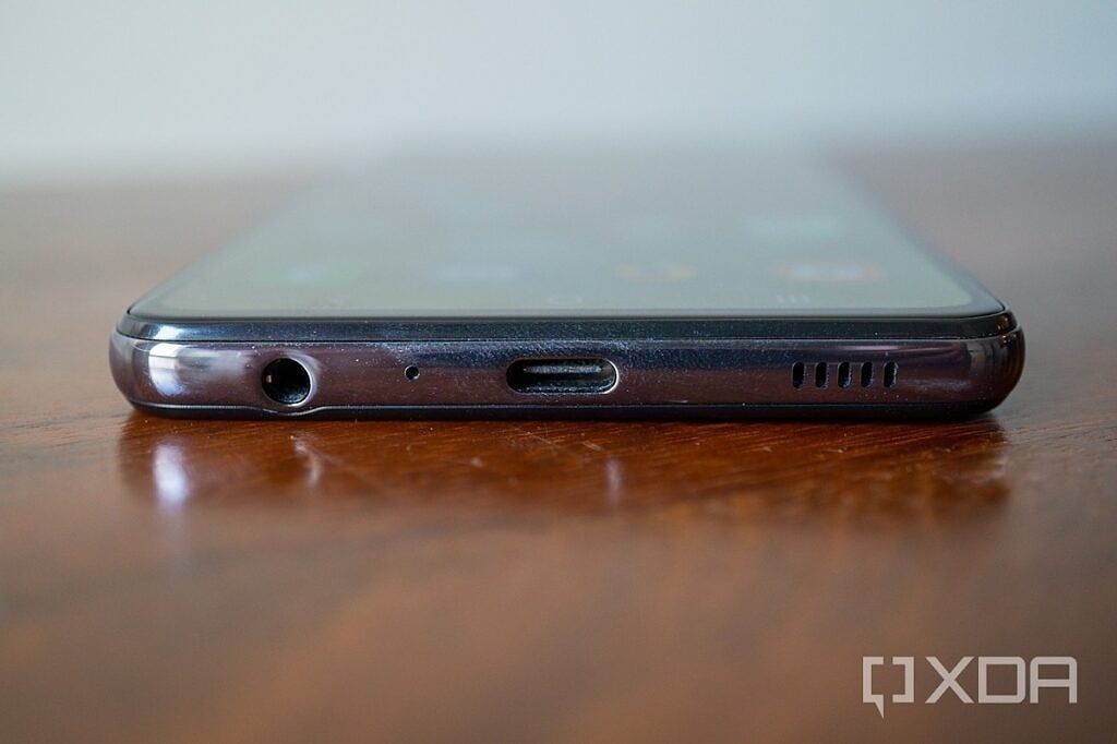 Photo of bottom of the Galaxy A52 5G, showing the USB Type-C port and headphone jack
