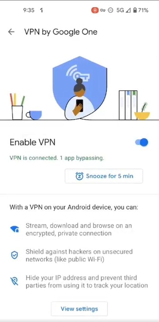New Snooze VPN button in Google One app for Android