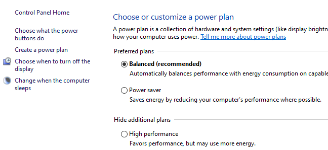 Three radio buttons displaying power plan options in the Windows 10 Control Panel