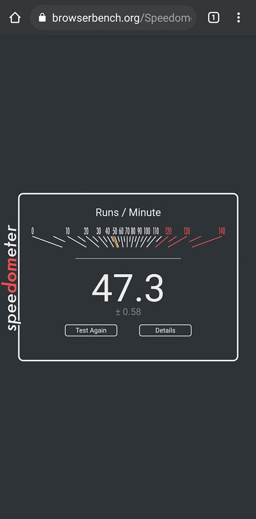 Speedometer result of Samsung Galaxy A52 5G