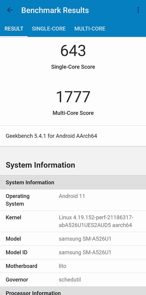 GeekBench 5 result of Samsung Galaxy A52 5G