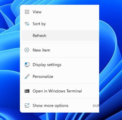 Windows 11 Insider preview build 22000.65 - refresh desktop menu