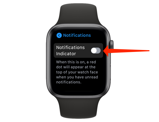 Toggle the switch next to "Notifications Indicator" to off to hide the red dot on your Apple Watch.