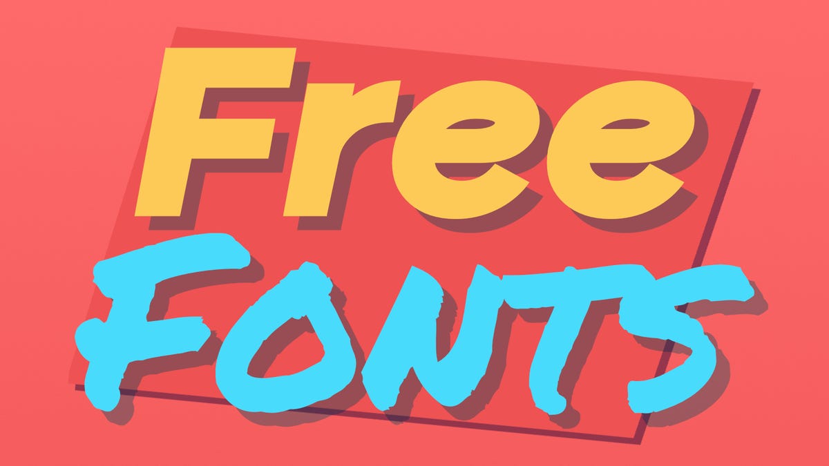 Yellow and blue "Free Fonts" text against red backdrop